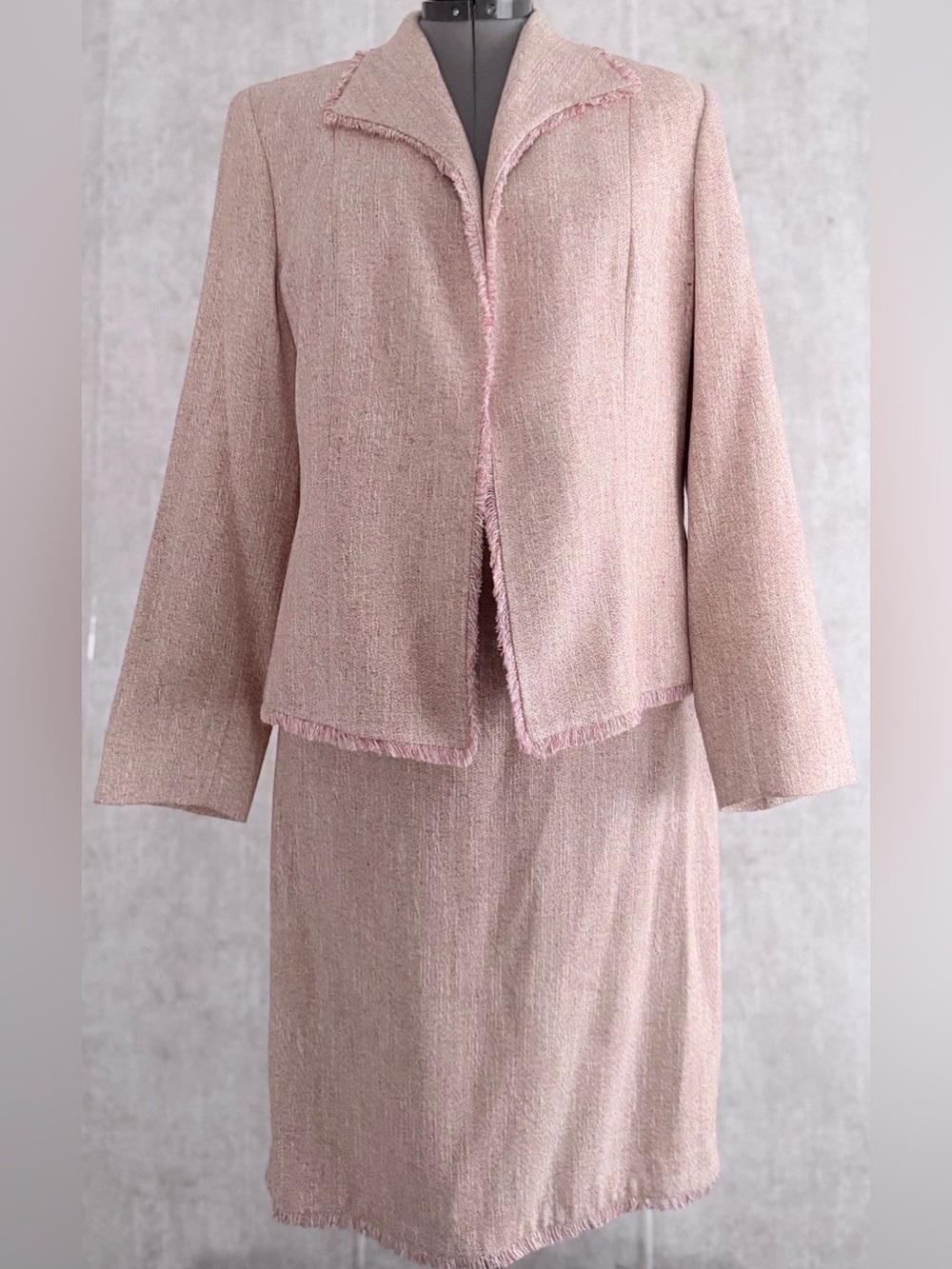 VTG Garfield & Marks Pink Tweed Skirt Suit 16 Viscose Silk Cotton Fray Raw Edge
